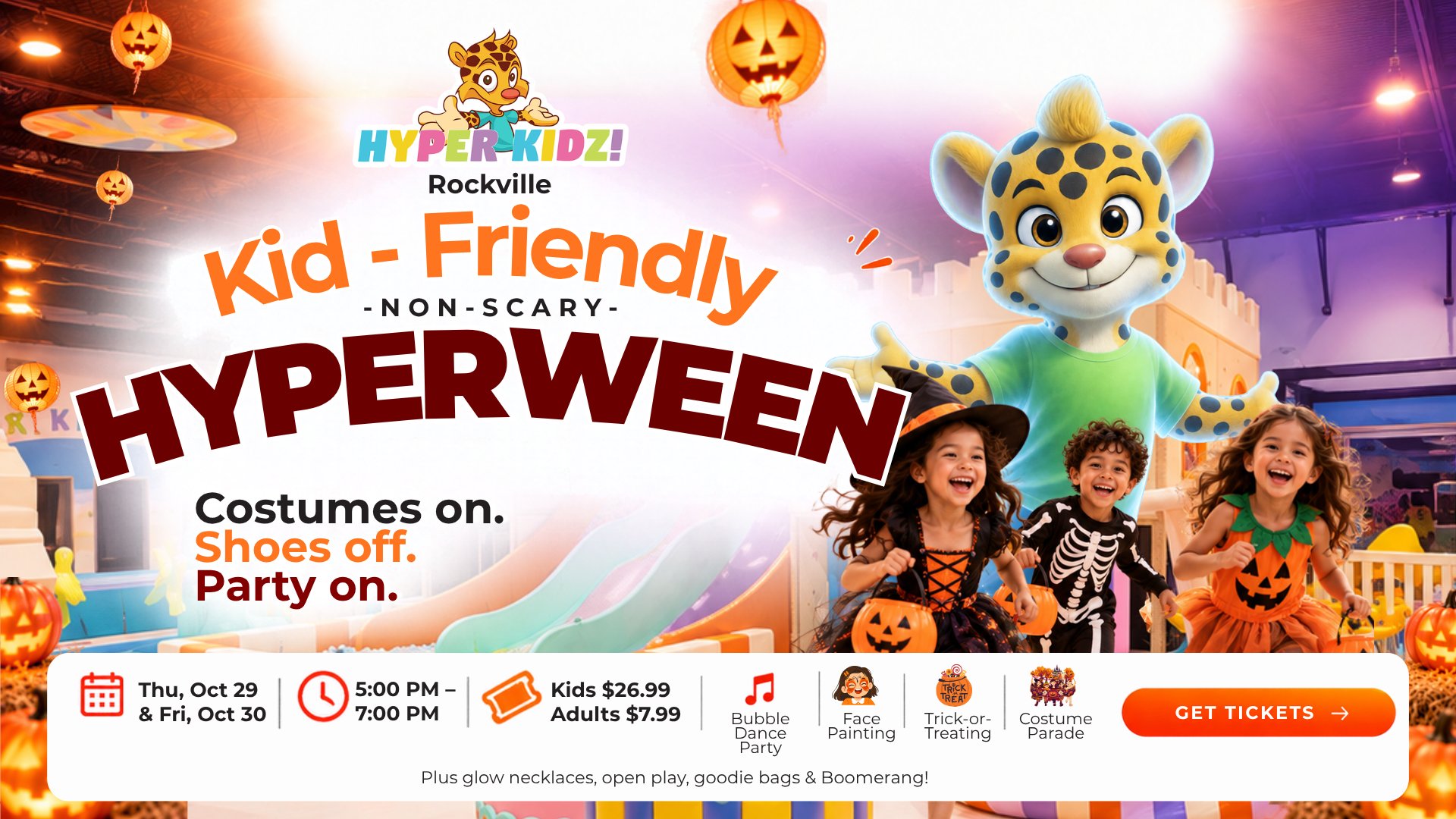Kids in Halloween costumes celebrating HyperWeen at Hyper Kidz Rockville